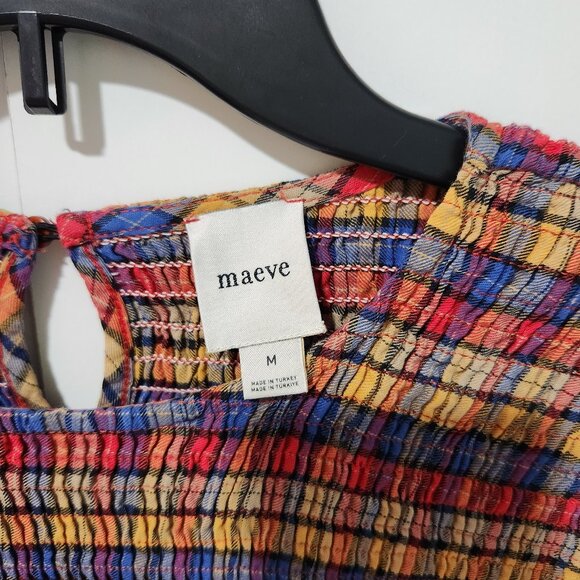 Anthropologie Maeve Smocked Stretch Long Sleeve Plaid Blouse-Fall Colors- Medium - Picture 2 of 6